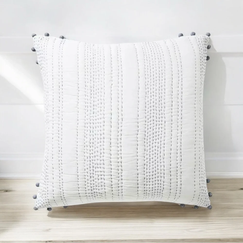 Serena & Lily Sham Ryebrook Dusty Blue White Pom Pom Euro Square